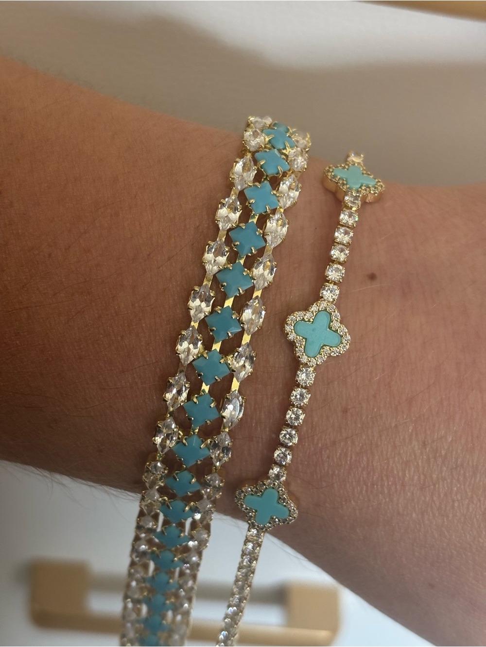 Gold-Plated Turquoise Clover Bracelet Set - Women Jewelry